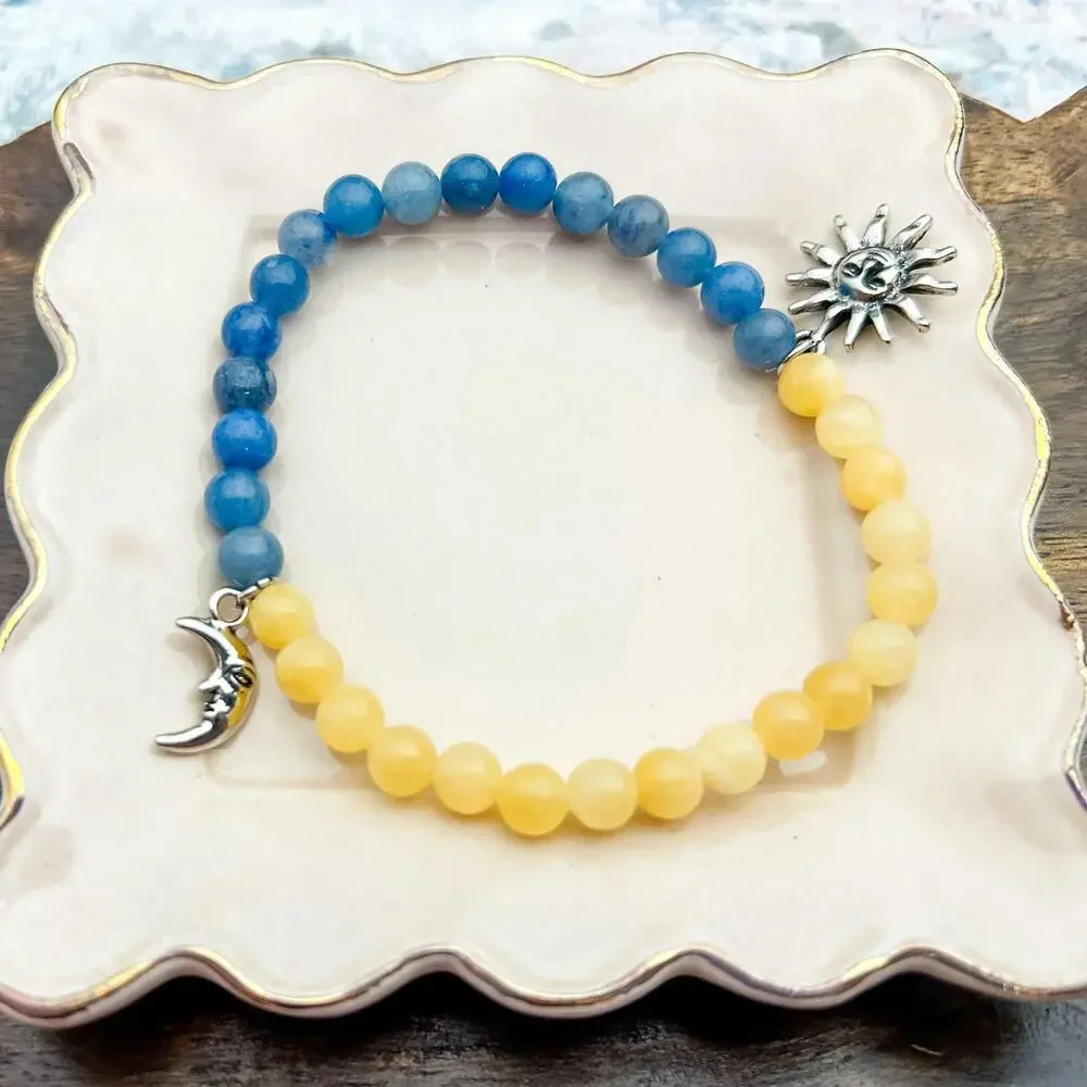 Sun Moon Bracelet Blue Aventurine Yellow Jade Stretch Beaded Celestial Jewelry